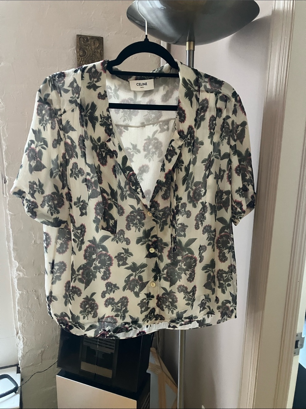 Celine Cream Floral Short-Sleeve V-Neck Blouse